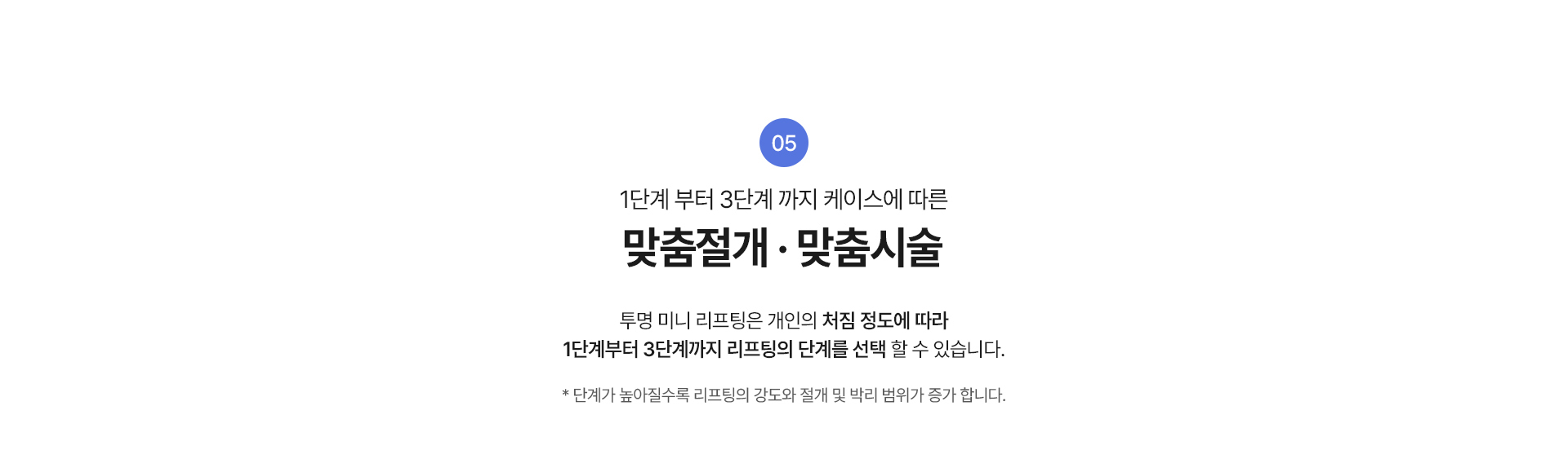 5. 1단계 부터 3단계 까지 케이스에 따른
맞춤절개·맞춤시술
투명 미니 리프팅은 개인의 처짐 정도에 따라
1단계부터 3단계까지 리프팅의 단계를 선택 할 수 있습니다.
*단계가 높아질수록 리프팅의 강도와 절개 및 박리범위가 증가합니다.



