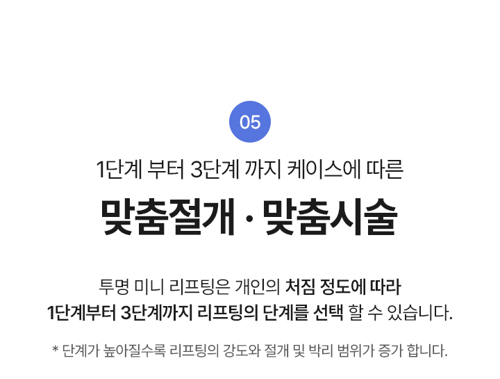 5. 1단계 부터 3단계 까지 케이스에 따른
맞춤절개·맞춤시술
투명 미니 리프팅은 개인의 처짐 정도에 따라
1단계부터 3단계까지 리프팅의 단계를 선택 할 수 있습니다.
*단계가 높아질수록 리프팅의 강도와 절개 및 박리범위가 증가합니다.



